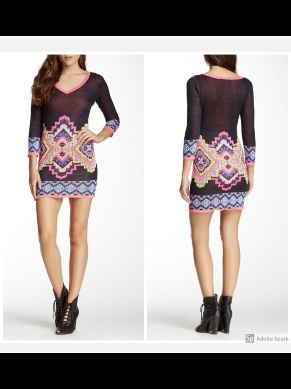 Flying Tomato Black Mini Dress with Neon Aztec Motif